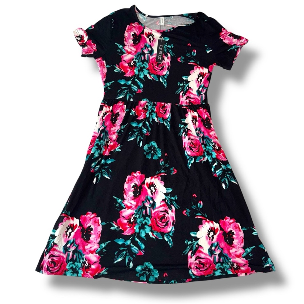 NWT Floral Midi Dress Black, Green, Pink Modest Stretch Comfortable Flowy